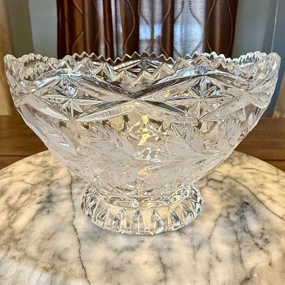 VTG Lead Crystal Clear Industries MCM Sawtooth Rim Rose Pedestal Bowl Candy Dish